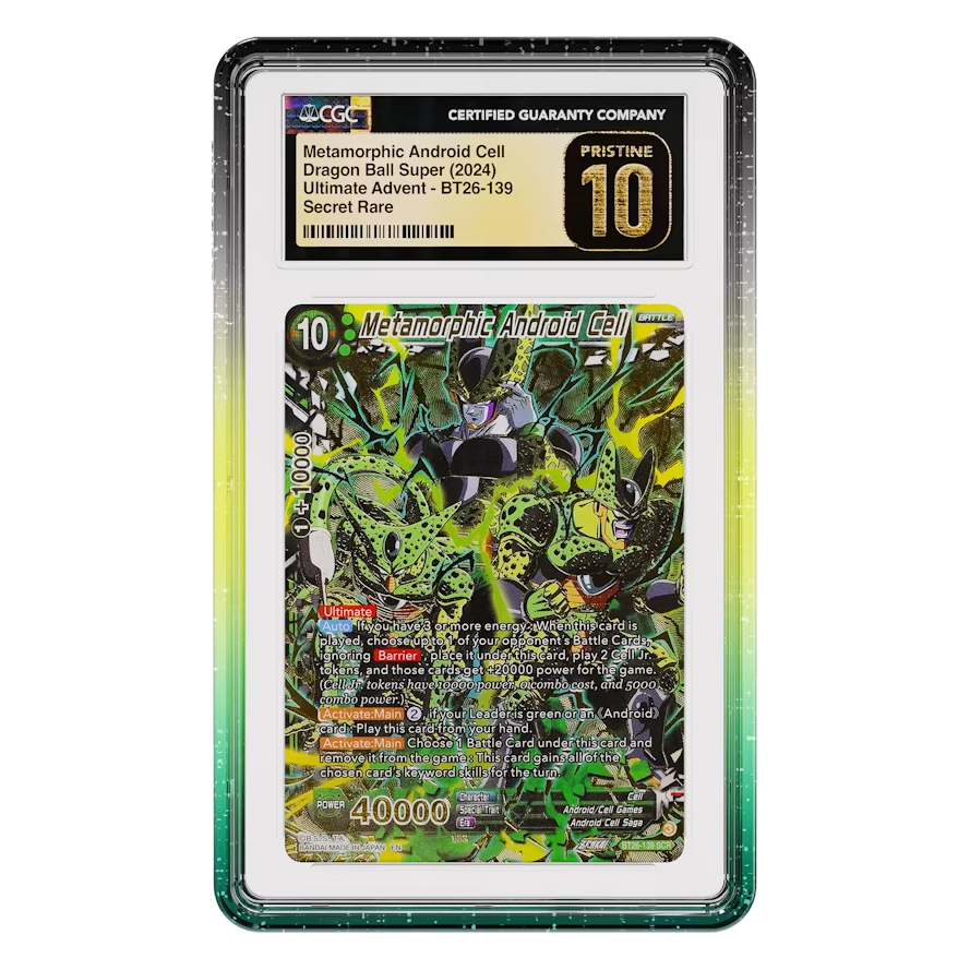 Limited Edition Graded Guard Vortex on a CGC slab, front view - black to yellow to green glitter gradient