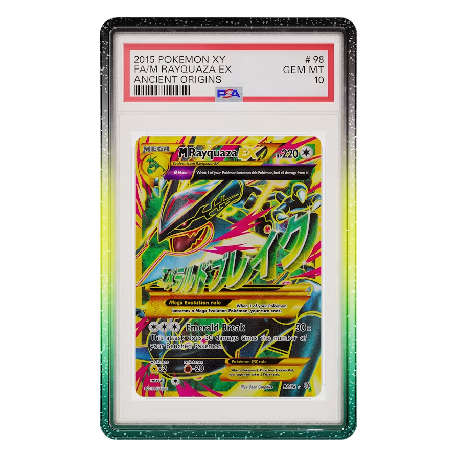 Limited Edition Graded Guard Vortex on a PSA slab, front view - black to yellow to green glitter gradient