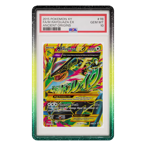 Limited Edition Graded Guard Vortex on a PSA slab, front view - black to yellow to green glitter gradient