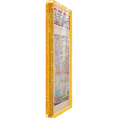 Yellow Glitter Graded Guard side profile showing the slab fit and embossed GradedGuard logo, holding a PSA 10 Mega Kangaskhan ex
