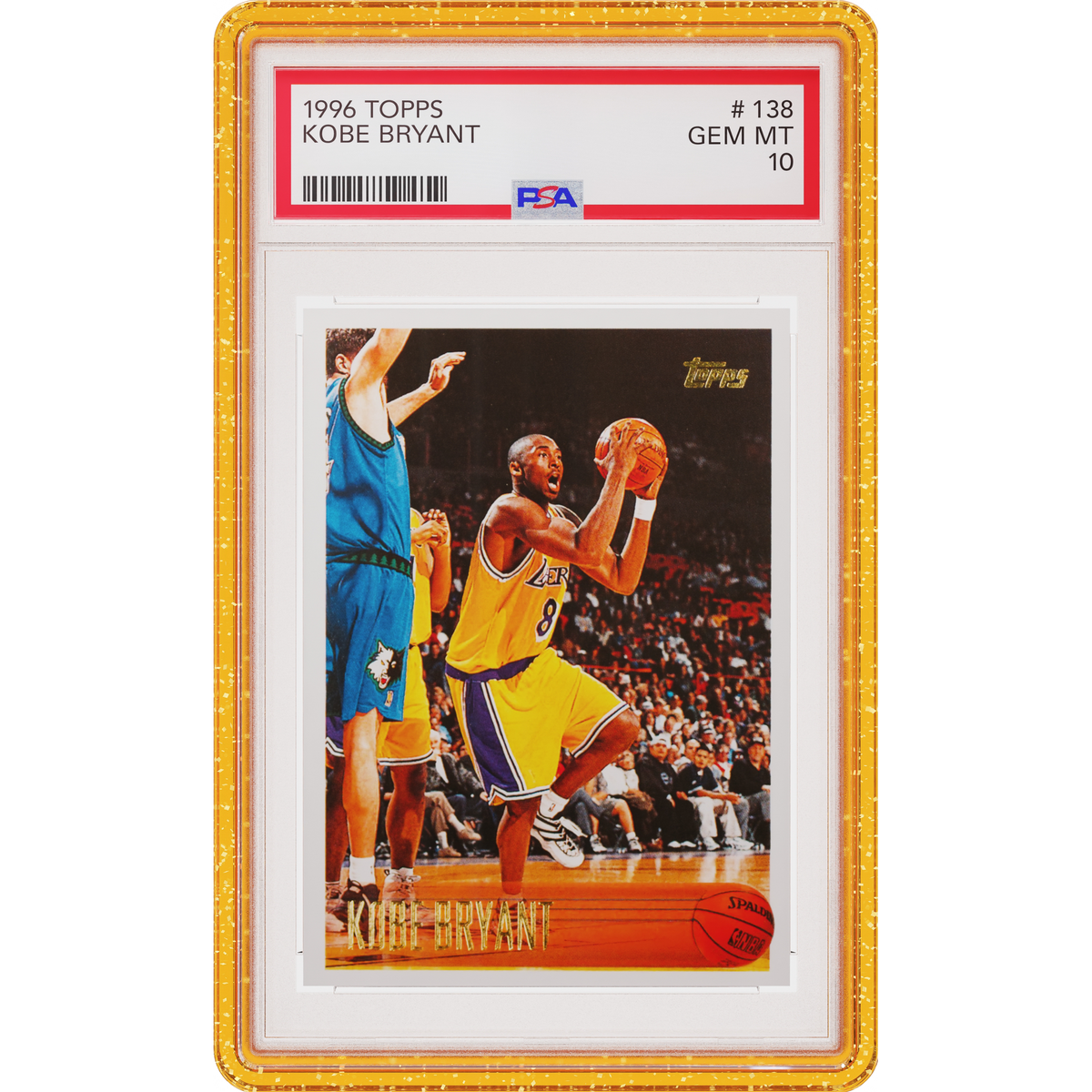 Yellow Glitter Limited Edition Graded Guard holding a PSA 10 1996 Topps Kobe Bryant slab, front view