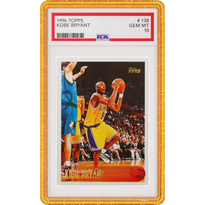 Yellow Glitter Limited Edition Graded Guard holding a PSA 10 1996 Topps Kobe Bryant slab, front view