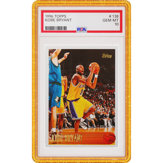 Yellow Glitter Limited Edition Graded Guard holding a PSA 10 1996 Topps Kobe Bryant slab, front view
