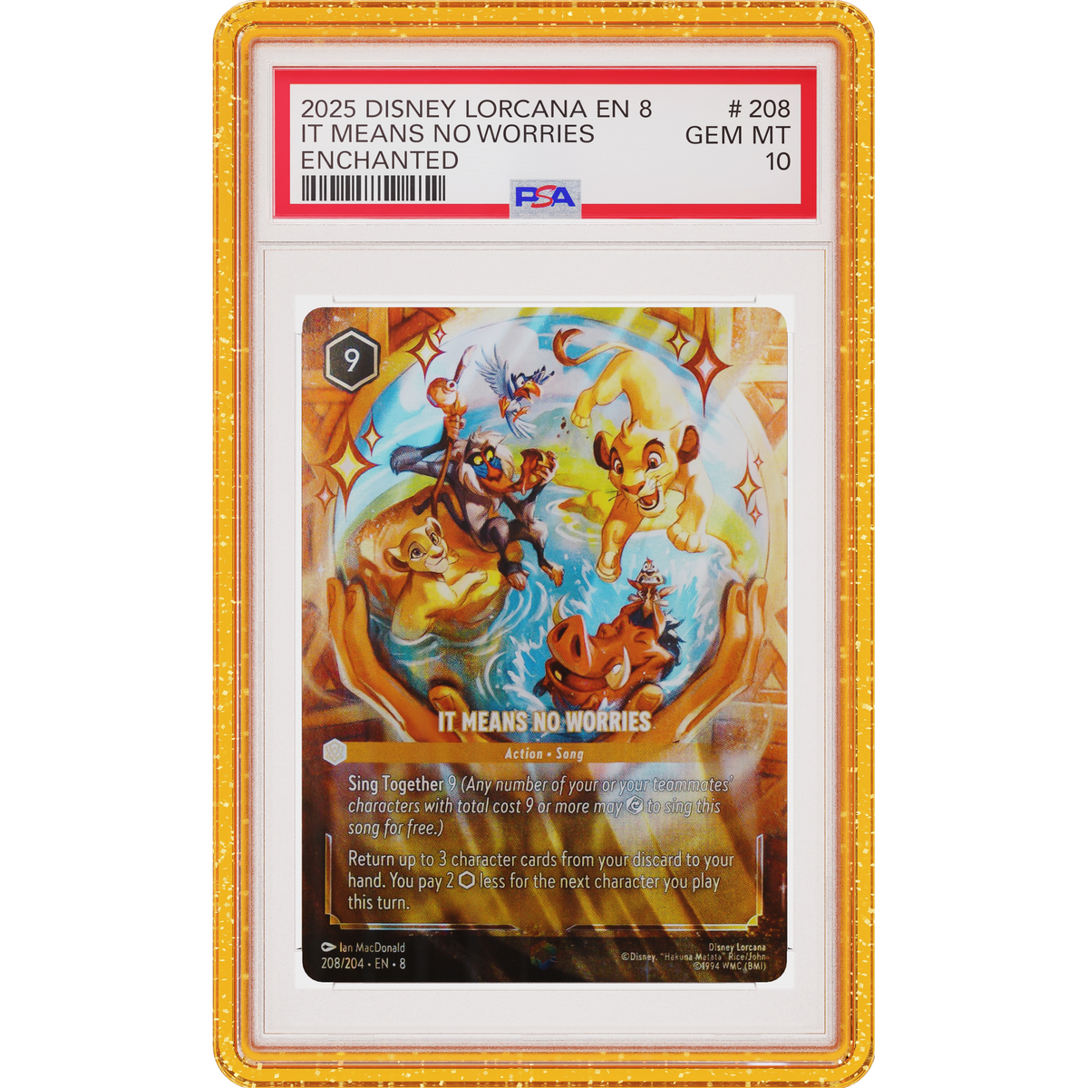 Yellow Glitter Graded Guard front view holding a PSA 10 Disney Lorcana It Means No Worries enchanted slab