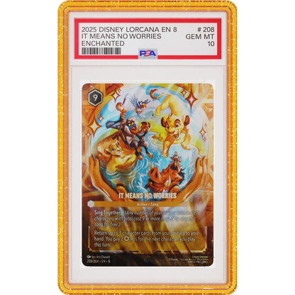 Yellow Glitter Graded Guard front view holding a PSA 10 Disney Lorcana It Means No Worries enchanted slab