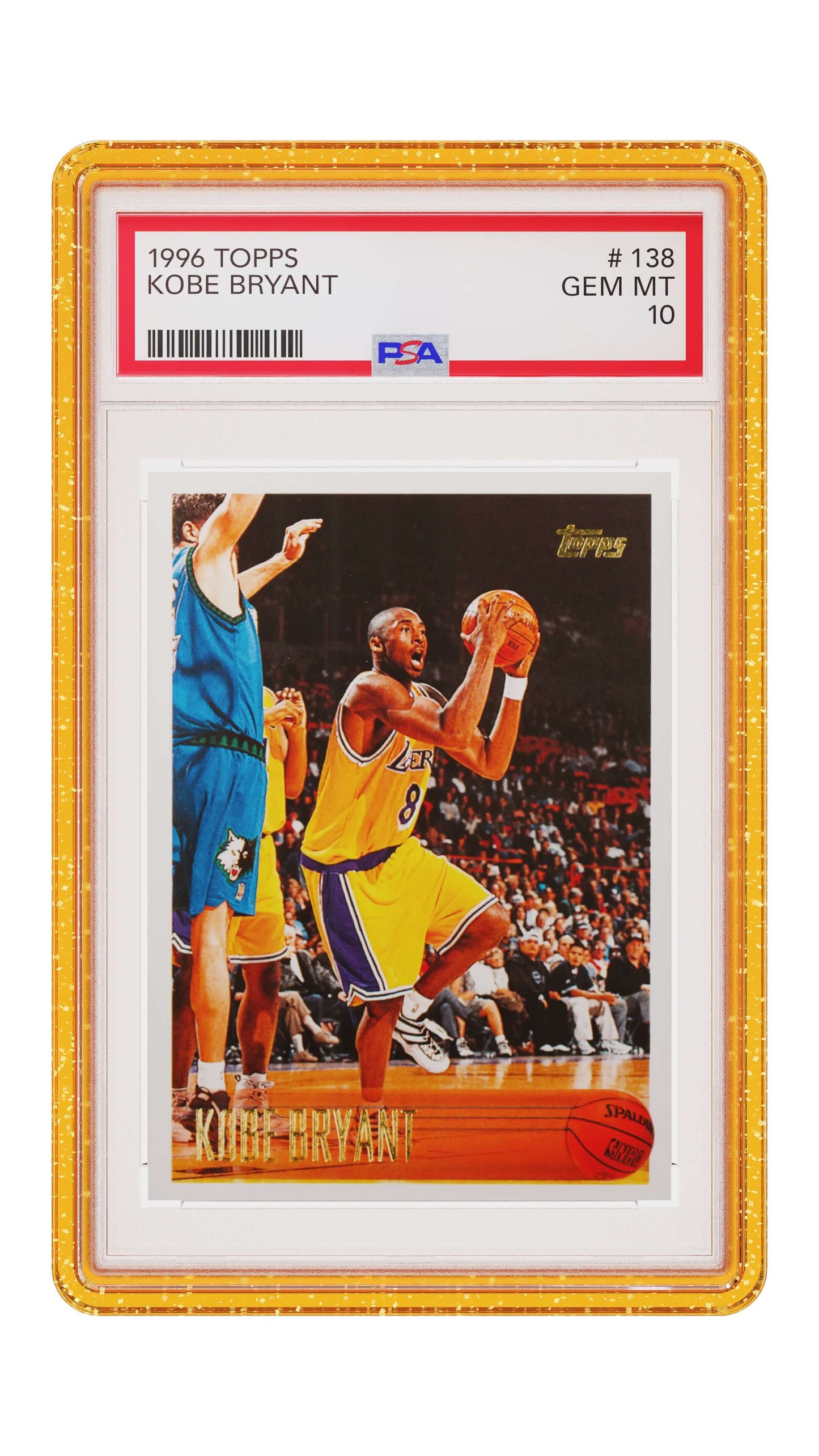 Yellow Glitter Limited Edition Graded Guard holding a PSA 10 1996 Topps Kobe Bryant slab, front view